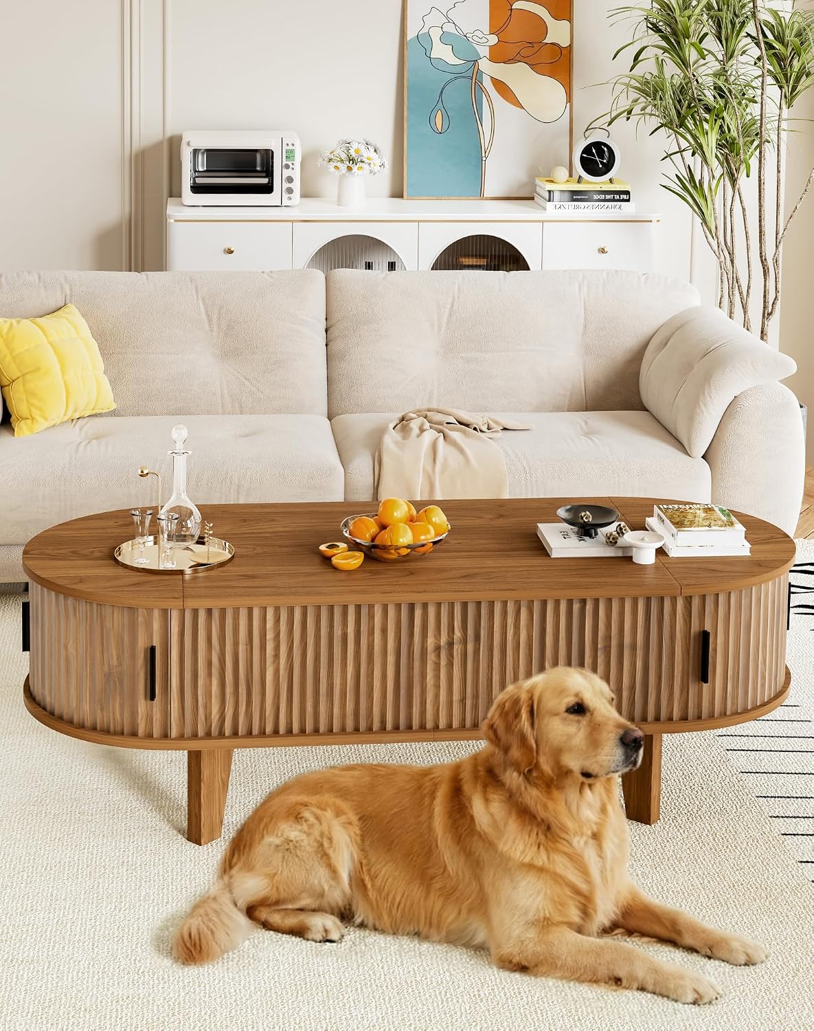 47.2' Oval Coffee Table with Storage, Lift Top Coffee Table for Living Room, Modern Wood Fluted Center Table with 180° Sliding Tambour Door