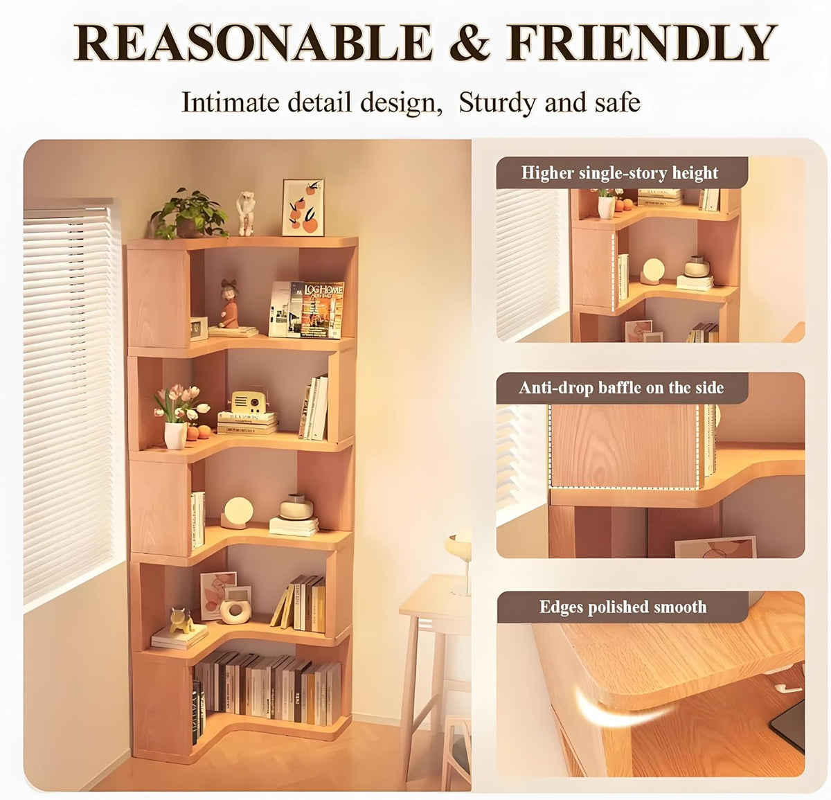 4-Tier Corner Bookshelf, L-Shaped Bookshelf with Open Shelf Units, Decorative Display Vertical Storage Shelves for Living Room Bedroom Study Office, (Wood Grain)
