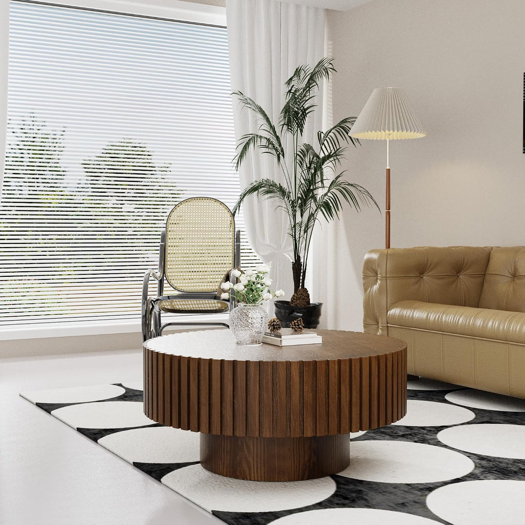 Round Drum Coffee Table 31.5'' Handcraft Fluted Coffee Table Modern Unique Circle Accent Center Table for Living Room with Sturdy Pedestal Gear Easy Assembly for Small Space,31' Round Brown