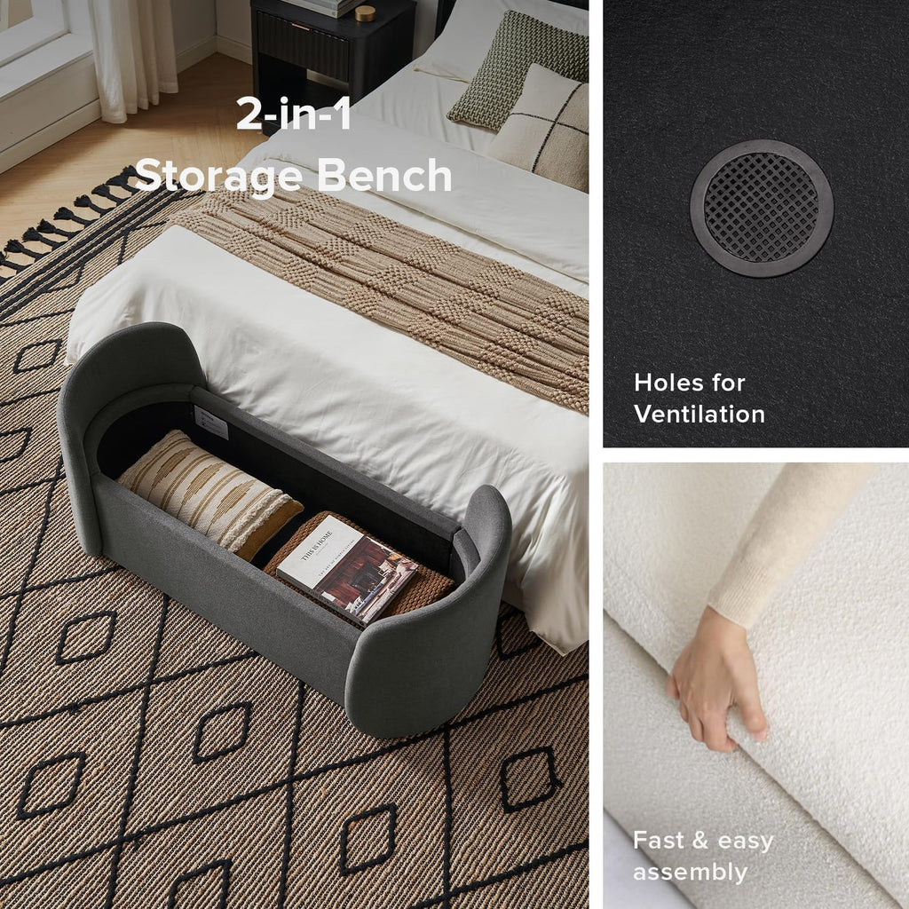 mopio Sophie 51' Ottoman Storage Bench, Entryway and Window Seating, End of Bed Curved Stool for King & Queen Bed, Storage Chest for Bedroom (Dark Gray Fabric)