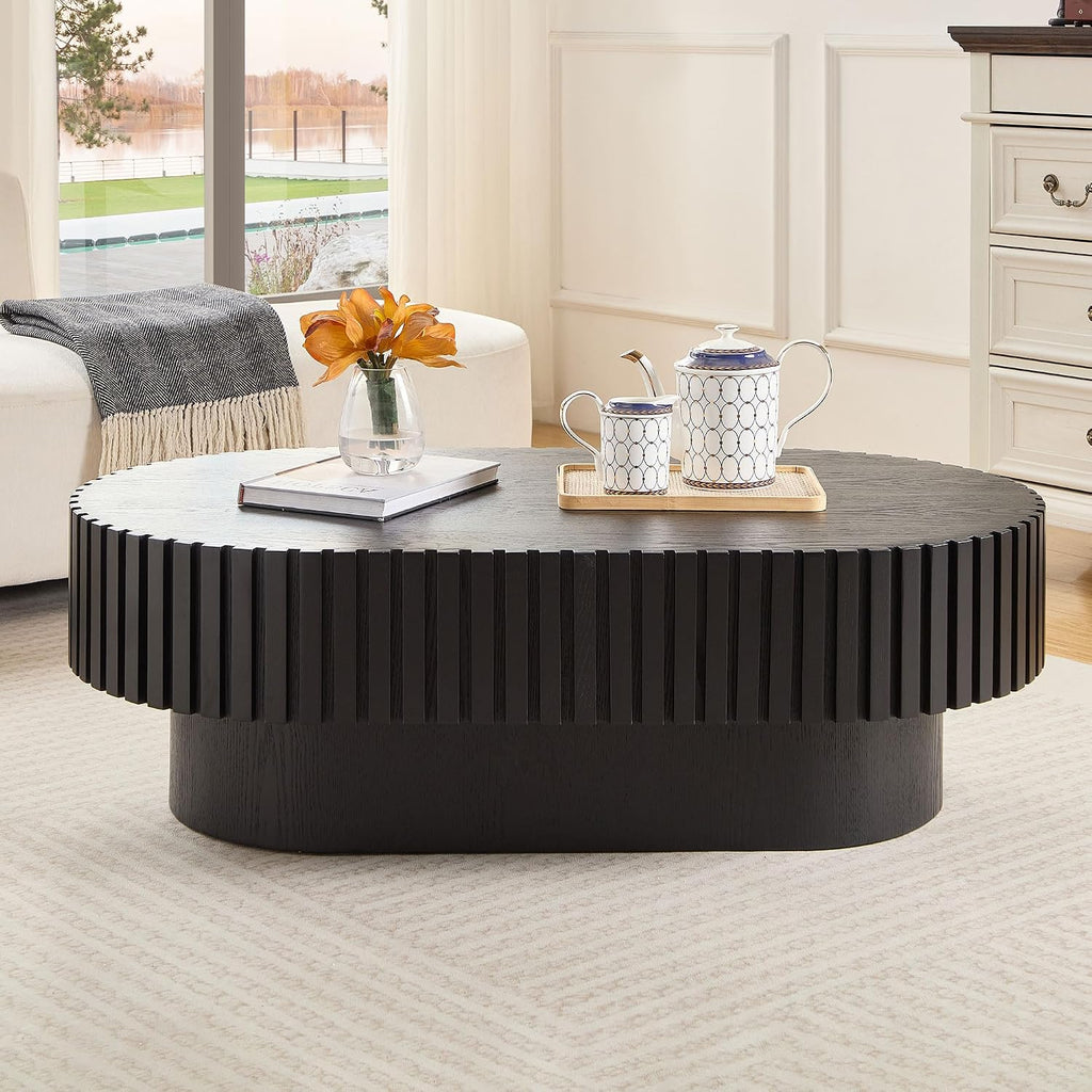 43.7' Oval Wood Coffee Table Black Living Room, Modern Fluted Side Coffe Table | Sturdy Base | Handcrafted Relief Carving, Easy Assembly