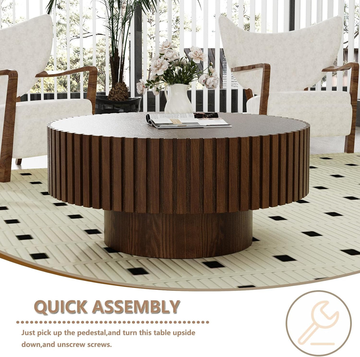 Round Handcraft Fluted Coffee Table with Sturdy Stable Pedestal Modern Luxury Drum Center Table Circle Accent Base Center Tables for Living Room Apartment (G)
