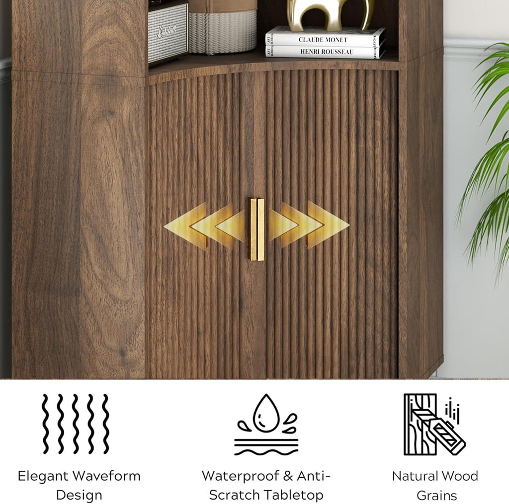 Fluted Corner Cabinet with Open Storage, Modern Floor Cabinets with Sliding Doors and 2-Tier Shelves, Freestanding Narrow Organizer for Small Space,Living Room, Dining Room,Walnut