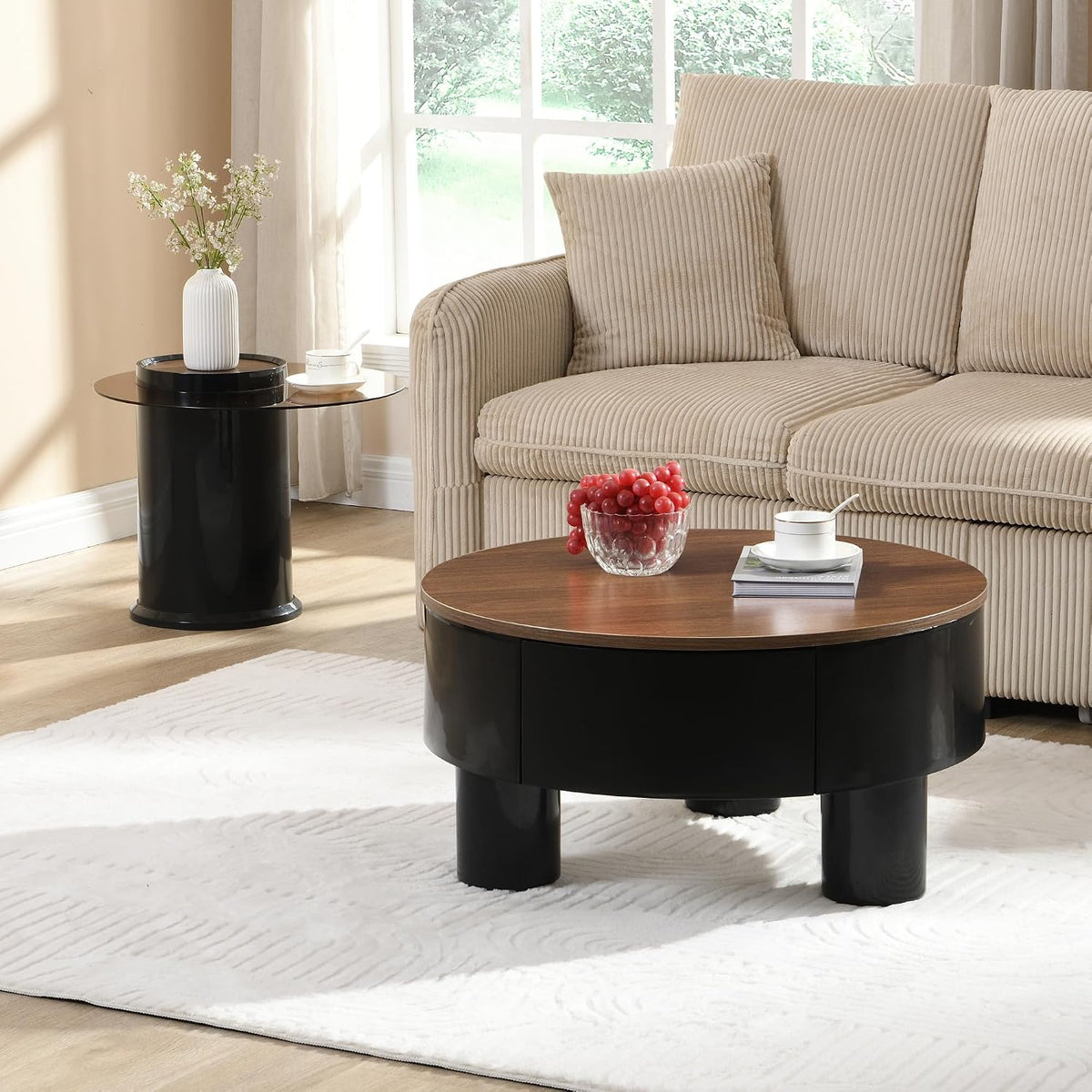 Modern Nesting Coffee Table Set of 2, 2-Piece Round Decorative Living Room Table Set with Brown Wooden Top and Black Plastic Base and 1 Drawer, Round Coffee Table and End Table Set