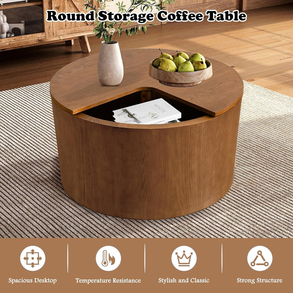 27.16' Round Coffee Table with Storage Modern Wooden Coffee Table Circle Accent Center Table for Living Room Small Space Apartment Office (Circle Brown)