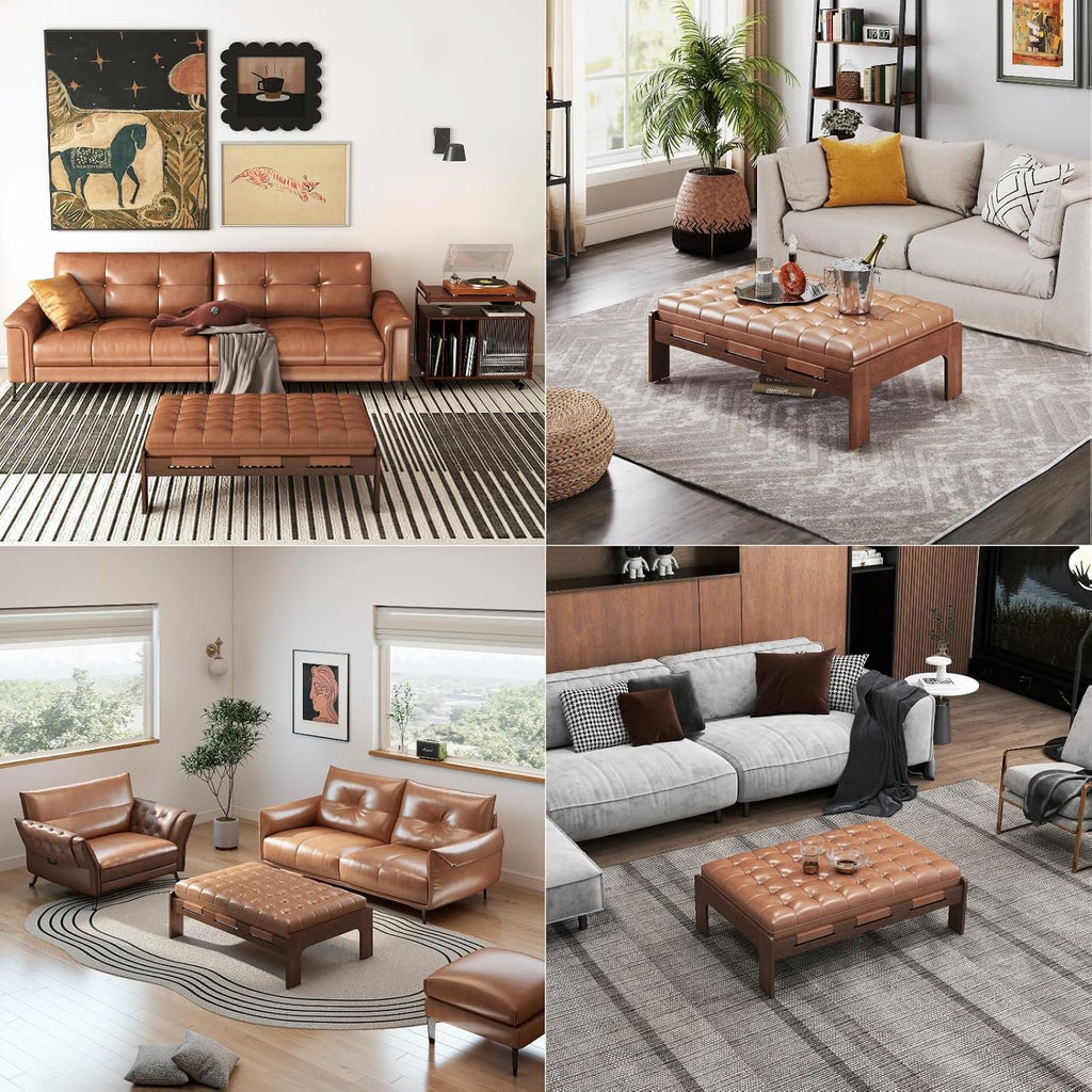 chairus 47.75' Large Rectangle Ottoman Coffee Table, Tufted Faux Leather Upholstered Living Room Coffee Table with Solid Wood Frame, Oversized Mid-Century Modern Footrest Ottoman, Brown PU