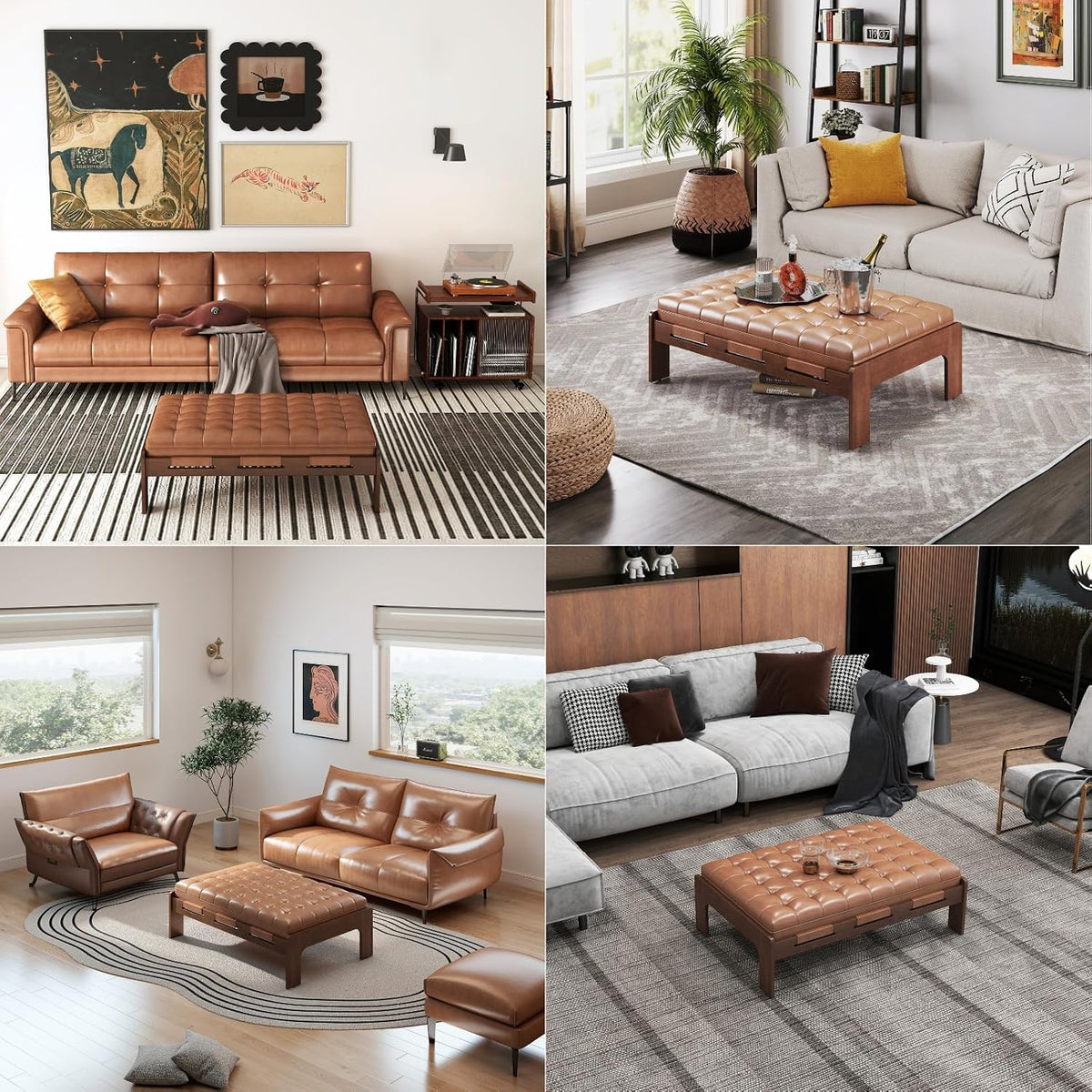 chairus 47.75' Large Rectangle Ottoman Coffee Table, Tufted Faux Leather Upholstered Living Room Coffee Table with Solid Wood Frame, Oversized Mid-Century Modern Footrest Ottoman, Brown PU