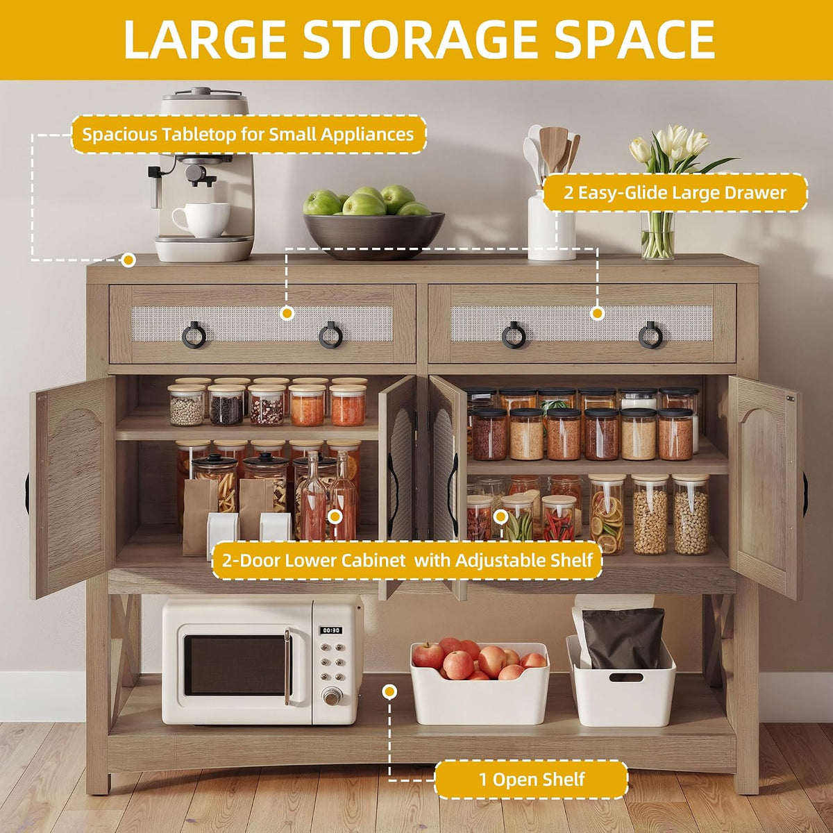 DWVO 47.2' Rattan Buffet Sideboard Cabinet with Storage, Farmhouse Coffee Bar Cabinet w/2 Drawers, 4-Doors Console Table with Adjustable Shelves for Kitchen, Dining Room, Living Room, Entryway (Oak)