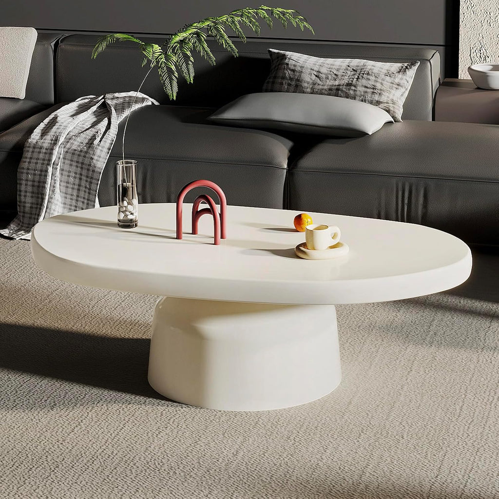 45.67' Oval Coffee Table, Modern Mid-Century Drum Center Table with Sturdy Base & Thick Tabletop, Simple Coffee Table for Living Room, Office, Easy Assembly, White