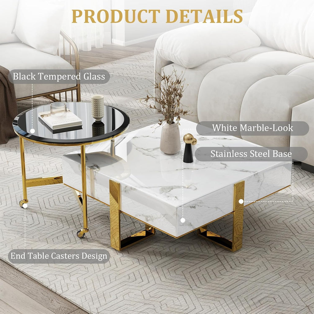 BQueen White Faux Marble Coffee Table with Polished Gold Base for Living Room Apartment Office