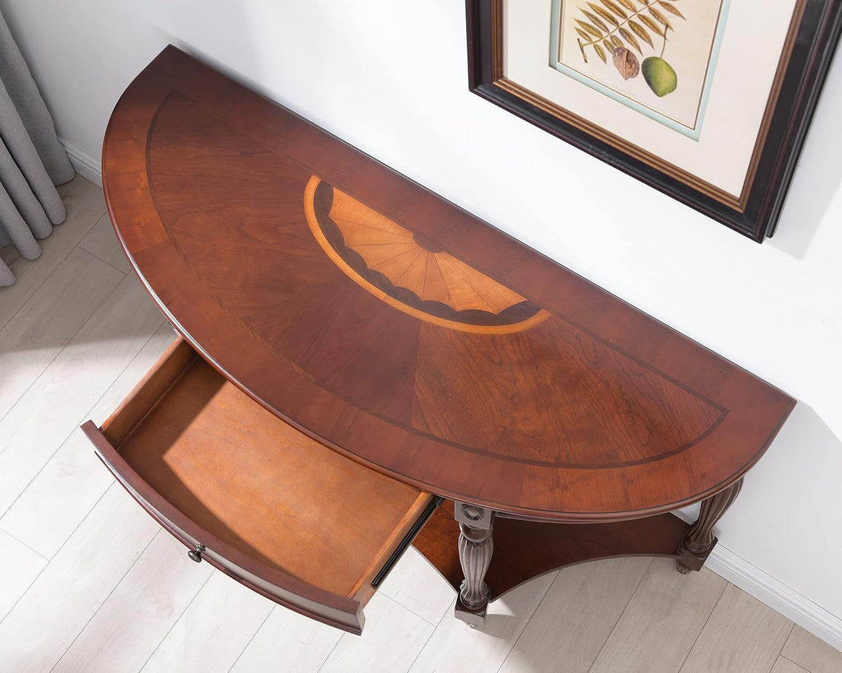 Solid Wood Semi-Circle Sofa Table with Drawer, 45.3' Traditional Living Room Console Table with Open Bottom Shelf 2-Tier Vintage Elliptical Entry Table for Home Office,Cherry Walnut SFZ1533