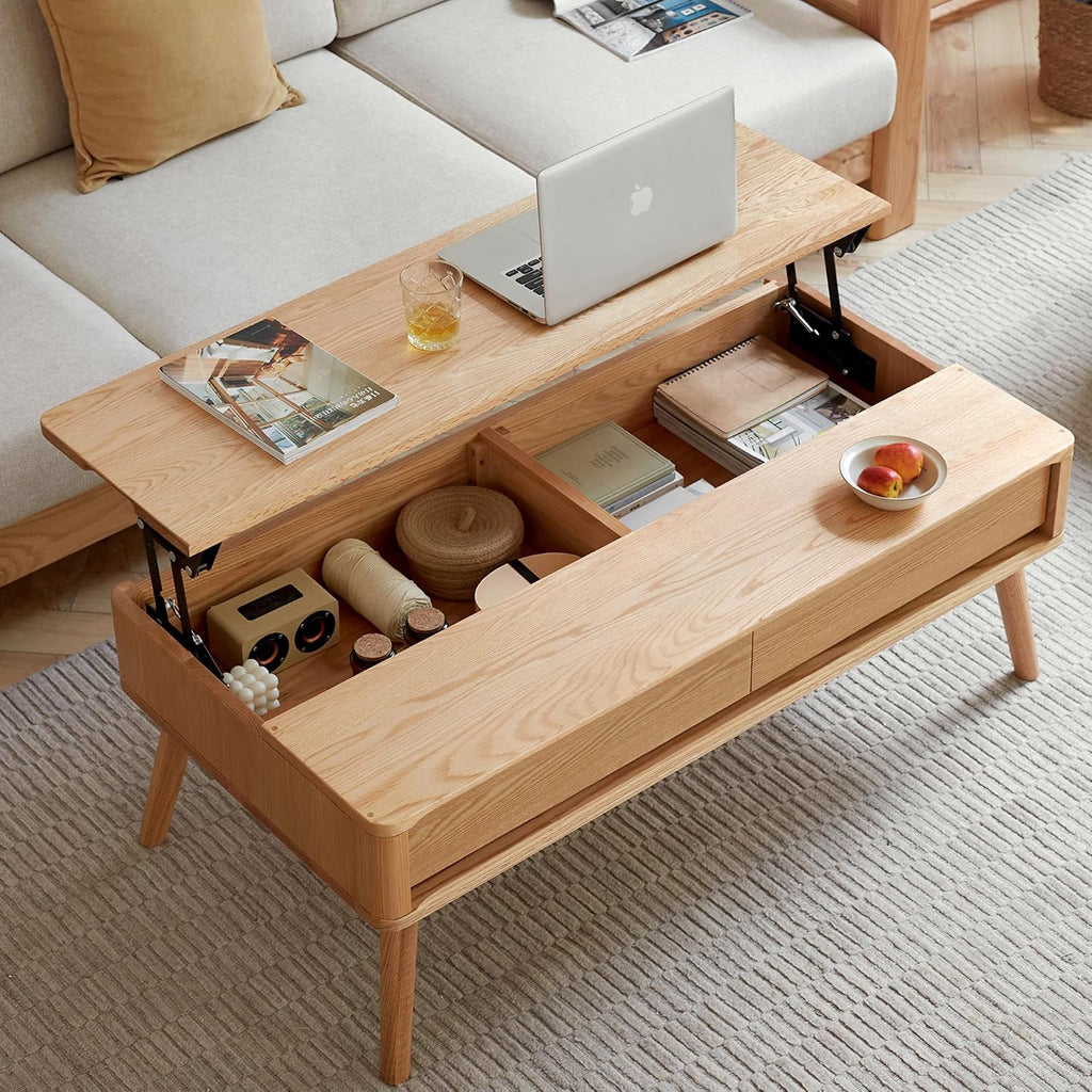 47.24' Lift Top Solid Wood Coffee Table with Storage Drawers & Hidden Compartment, Natural Wood Coffee Table for Living Room, Large Pop-Up Center Table for Home Office, Easy Assembly