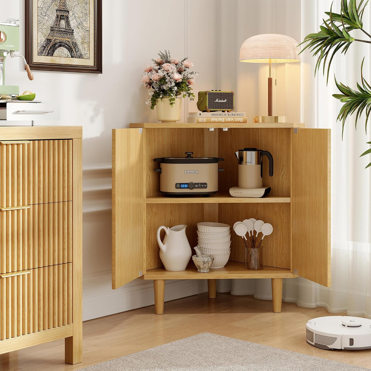 Fluted Floor Corner Kitchen Cabinet, Wooden Freestanding Cabinets Organizer with Door, Side Storage Organizer for Living Room, Dining Room, Bathroom Natural