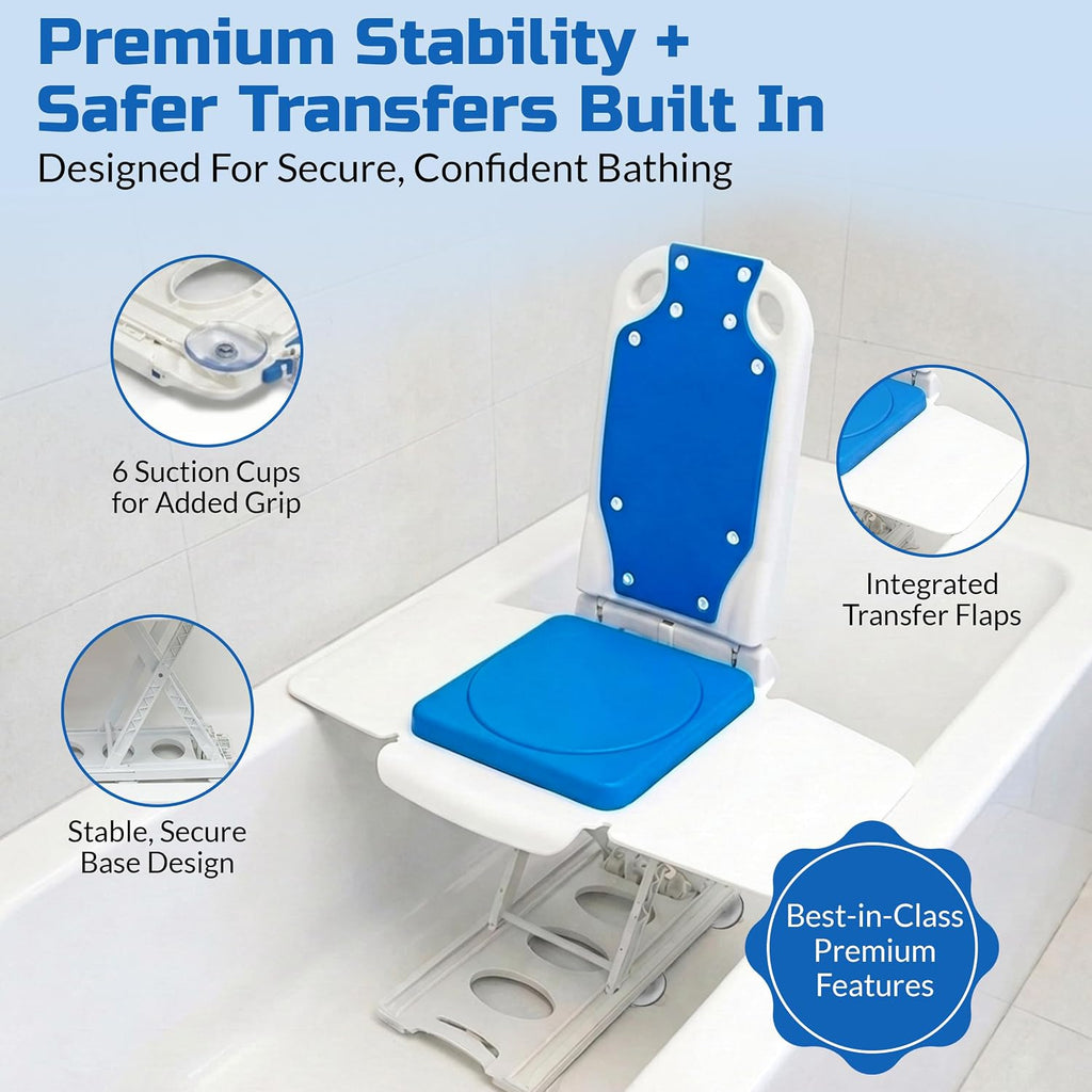 Platinum Health Tranquilo Premium Electric Bath Lift with Padded, SAFESWIVEL Rotating SEAT and Electric Recline. 300lb. Lifting Capacity and Extra High Lifting Range up to 21.5 inches.