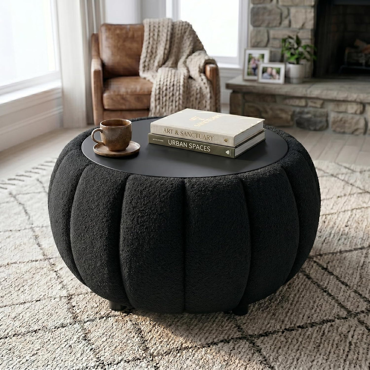 Ottoman Coffee Table for Living Room, Wooden Top Large Storage Ottoman, 30 Inches Round Coffee Table, Pumpkin Shaped Side Table, Multifunctional Teddy Fabric Footstool (Black)