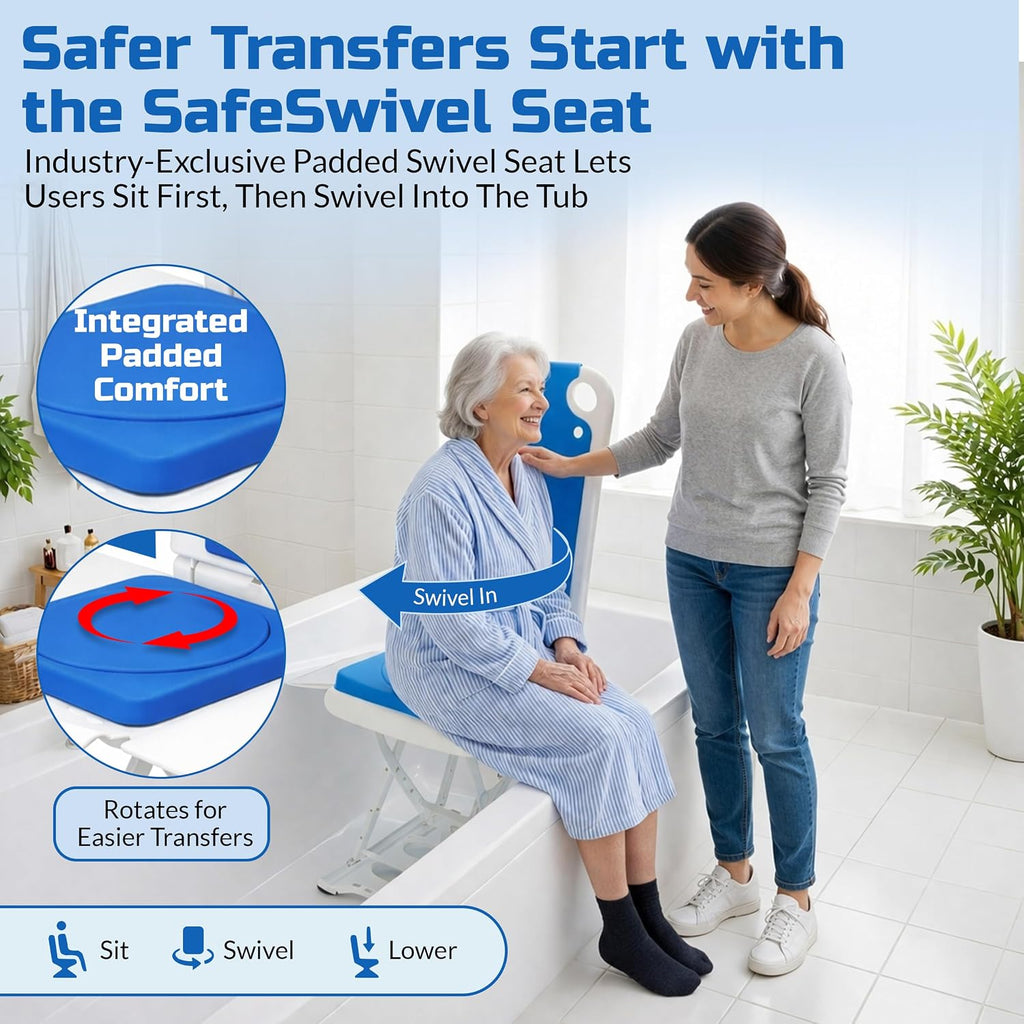 Platinum Health Tranquilo Premium Electric Bath Lift with Padded, SAFESWIVEL Rotating SEAT and Electric Recline. 300lb. Lifting Capacity and Extra High Lifting Range up to 21.5 inches.