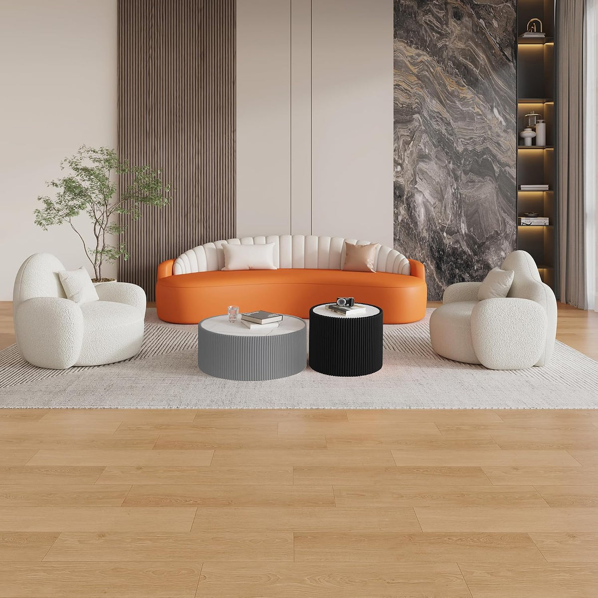 GDFStudio Modern Round Coffee Table, Luxury Sintered Stone Top Circle Side Table with PU Leather Drum Base, Creative Shape End Tables for Living Room Bedroom Tea Tables, Fully Assembled, Black-Small