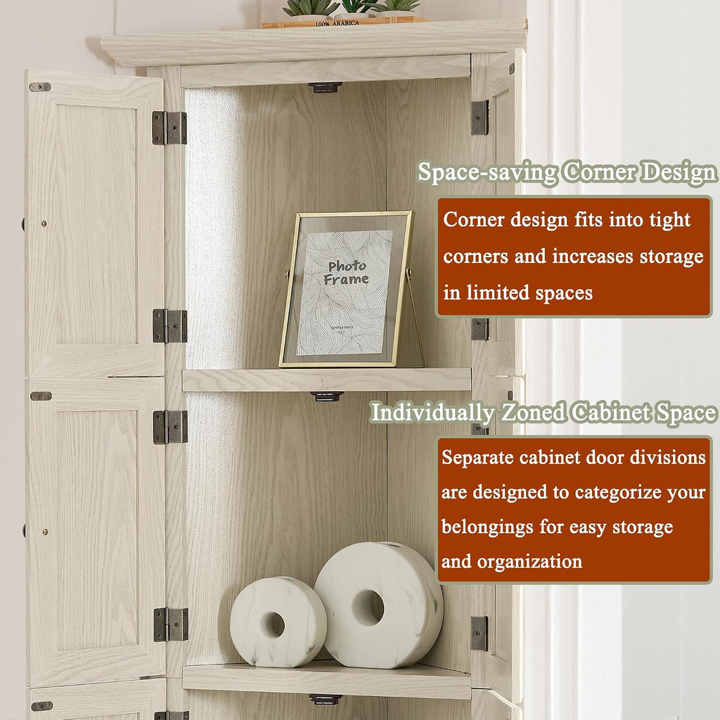 72' H Farmhouse Corner Storage Cabinet with 8 Doors & 4 Shelves, 4 Tier Kitchen Corner Pantry Cabinet Wooden Organizer Case Bookshelf, Home Space Saver Cabinet for Kitchen,Living Room(White)