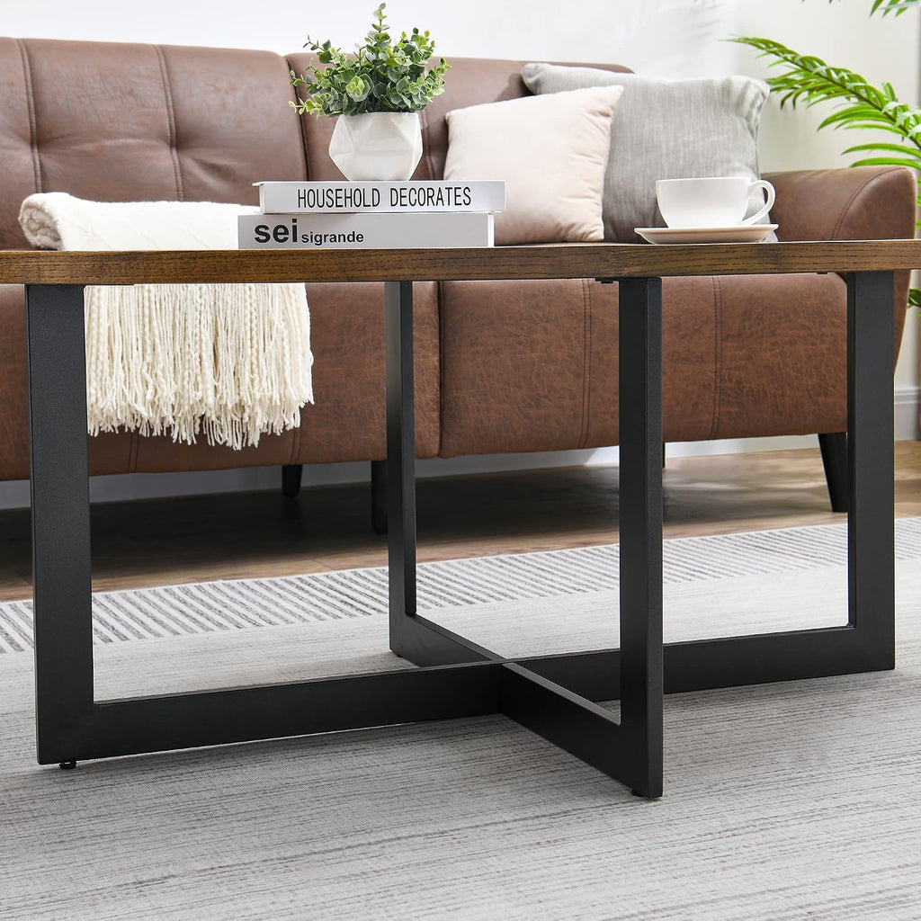 Oval Coffee Tables for Living Room, Solid Wood Coffee Tables and Metal Legs, Mid Century Modern Coffee Table, Designed Home Furniture, Center Large Coffee Table, Brown Tea