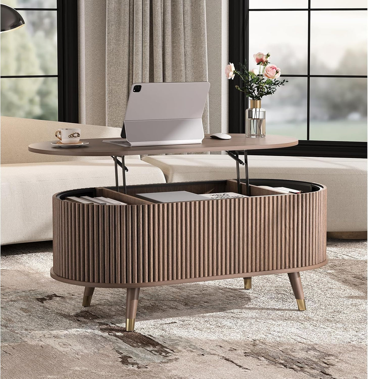 SULIVES Oval Coffee Table with Storage, Multifunctional Lift Top Drum Coffee Table, Small Fluted Center Table for Living Room, Walnut
