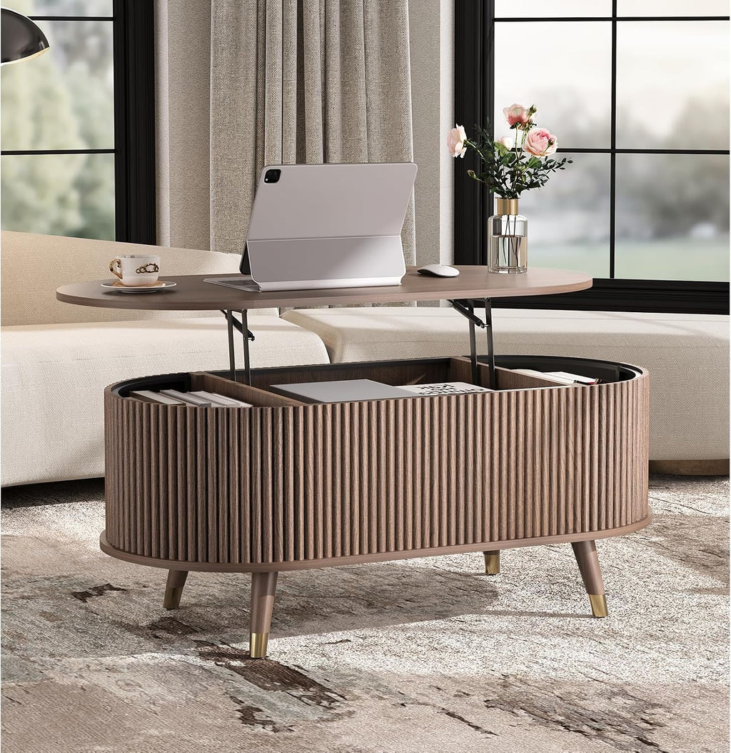 42.5' Oval Lift Top Coffee Table with Storage, Mid Century Modern Walnut Center Table with Fluted Panel, Solid Wood Legs & Hidden Compartment for Living Room