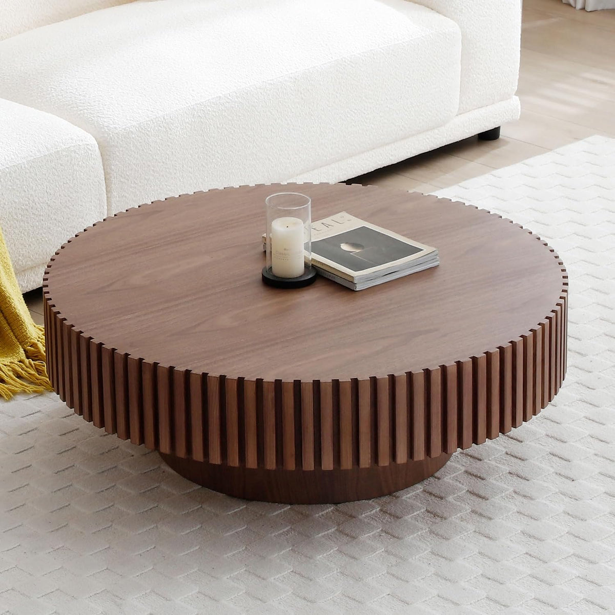 Round Coffee Table,35.43' Modern Handcraft Relief Drum Wood Circle Side End Table Accent Center Table for Living Room, Apartment, Small Space,Walnut