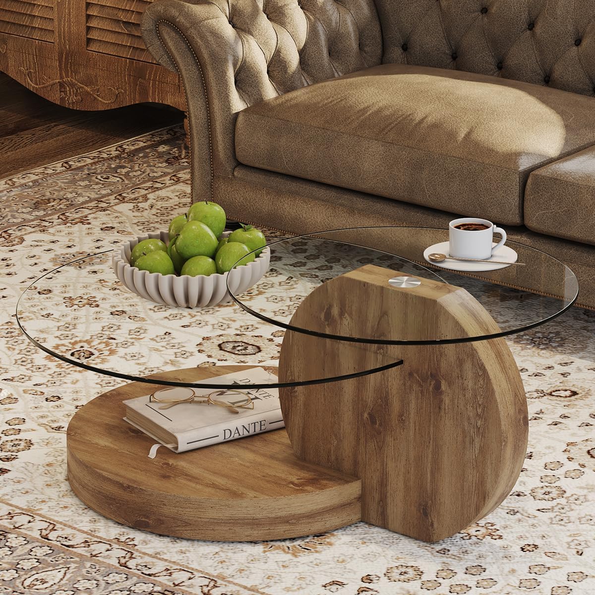 42' Glass Coffee Table｜Round Coffee Table｜3-Tier Design with Tempered Glass Tabletop｜Wood Color Wooden Base｜Large Storage Space｜Smooth Edge｜Ideal for Living Room｜Easy Assembly