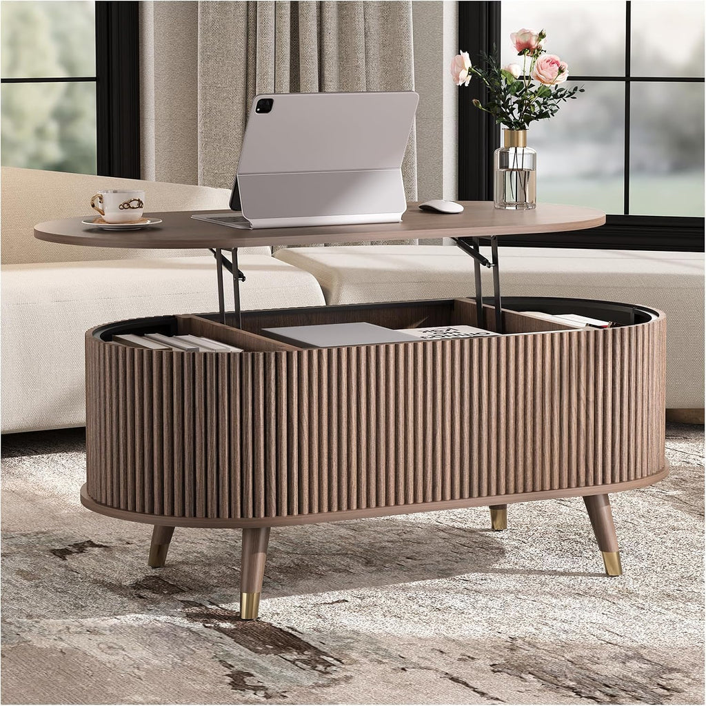 SULIVES Oval Coffee Table with Storage, Multifunctional Lift Top Drum Coffee Table, Small Fluted Center Table for Living Room, Walnut