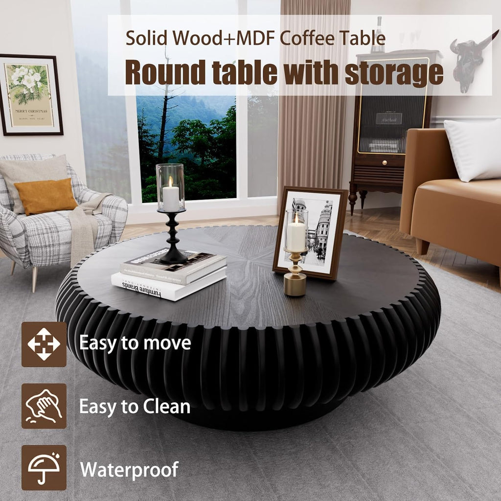 Black Round Drum Coffee Table Modern Circle Drum Fluted Wood Tea Table, Contemporary Center Table for Living Room (A Black 39.37' inch)