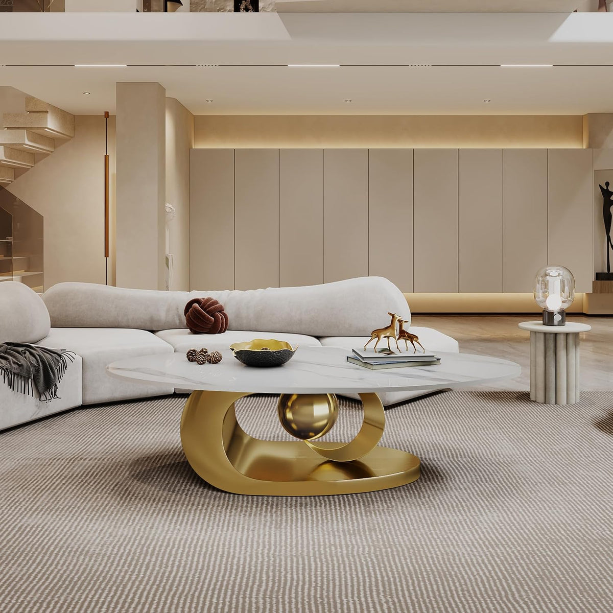 Marble Grain Coffee Table with Gold Stainless Steel Pedestal,Modern Coffee Tables,Oval Living Room Table with Faux Marble Top & Luxury Legs,Sintered Stone Cocktail Center Table,49.20inch