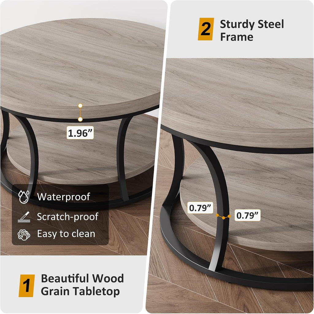 Round Coffee Table for Living Room, 2-Tier Circle Coffee Table with Storage, Accent Center Table Modern Design, Gray Brown and Black