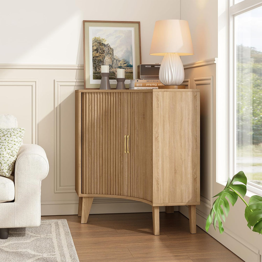 Fluted Corner Cabinet, Small Corner Floor Cabinet with 2-Sliding Doors and Adjustable Shelves, Freestanding Narrow Organizer for Small Space,Living Room, Dining RoomBathroom.Natural
