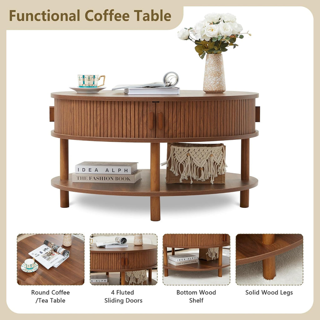 XUZENEST 31.5' Round Coffee Table with Storage, Mid Century Modern 2 Tier Coffee Table with Tambour Sliding Door, Solid Wood Legs Fluted Center Table for Living Room Home Office Small Space, Walnut