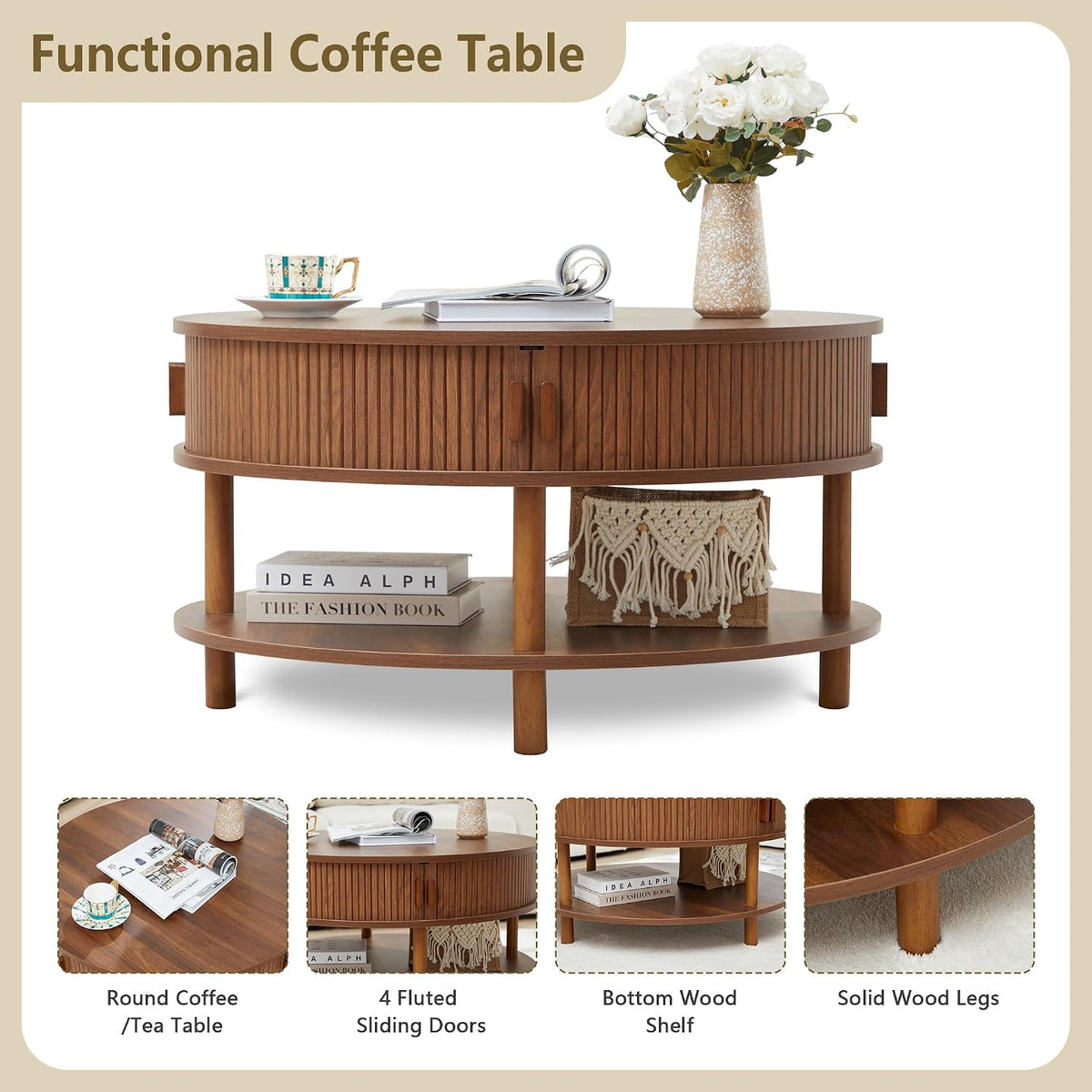 XUZENEST 31.5' Round Coffee Table with Storage, Mid Century Modern 2 Tier Coffee Table with Tambour Sliding Door, Solid Wood Legs Fluted Center Table for Living Room Home Office Small Space, Walnut