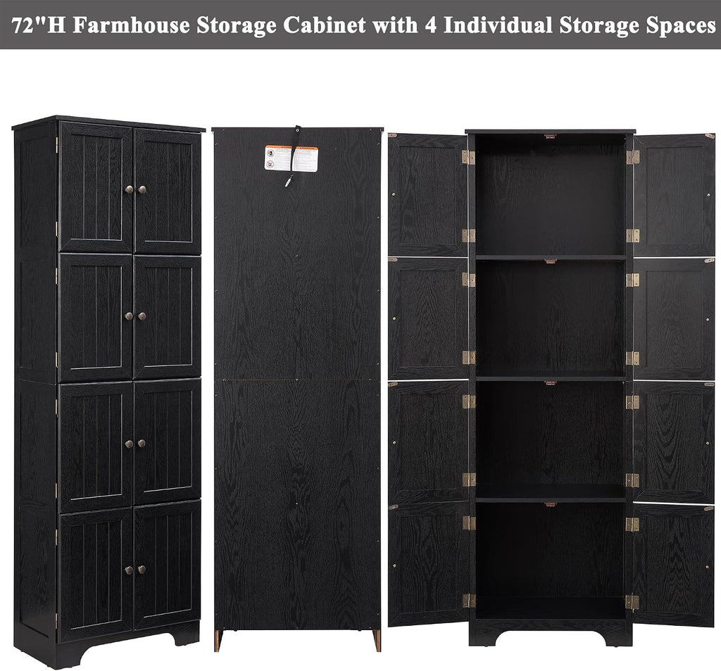 72' H Farmhouse Storage Cabinet, 4 Tier Kitchen Pantry Cabinet with 4 Shelves, 8 Doors Freestanding Floor Storage Cabinet Wooden Organizer Bookcase for Living Room & Kitchen (Black)