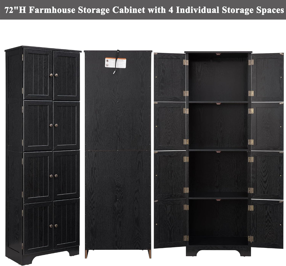 72' H Farmhouse Storage Cabinet, 4 Tier Kitchen Pantry Cabinet with 4 Shelves, 8 Doors Freestanding Floor Storage Cabinet Wooden Organizer Bookcase for Living Room & Kitchen (Black)