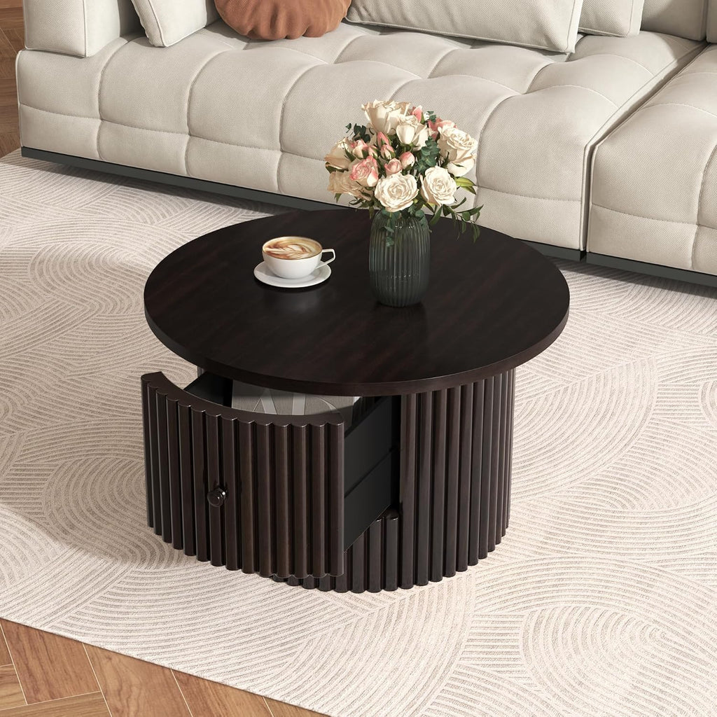 Round Coffee Table for Living Room in Dark Brown, Farmhouse Coffee Table with a Drawer, Center Table with Vertical Slat Base in 30.5'