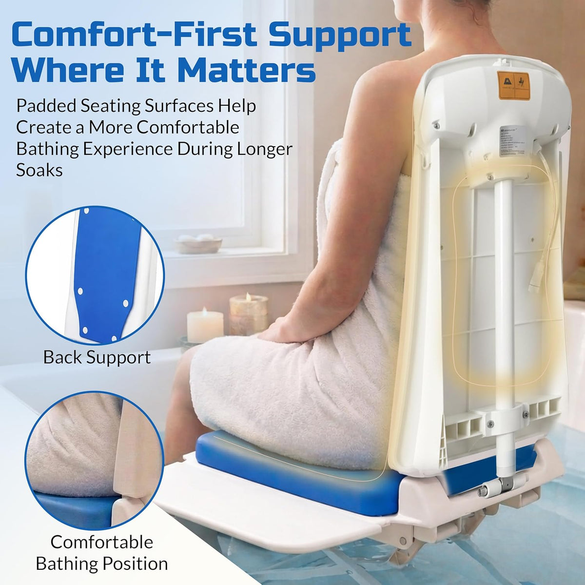 Platinum Health Tranquilo Premium Electric Bath Lift with Padded, SAFESWIVEL Rotating SEAT and Electric Recline. 300lb. Lifting Capacity and Extra High Lifting Range up to 21.5 inches.