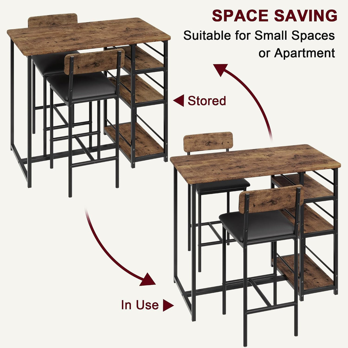Takywep Compact Dining Table Set for 2 with Storage Shelves, Counter Height Bar Table with Upholstered Stools, Small Kitchen Table with Round Corner and Footrest, Perfect for Small Area, Brown