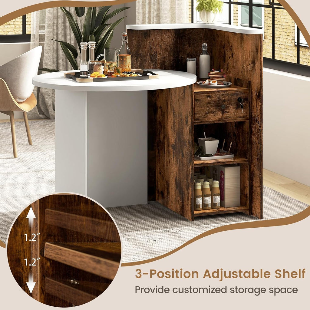 Reception Desk, Small Retail Checkout Counter with Lockable Drawer and Open Shelves, Wooden Front Desk Reception Counter, Oval Desktop & L Counter for Store Office Lobby Salon (Brown)