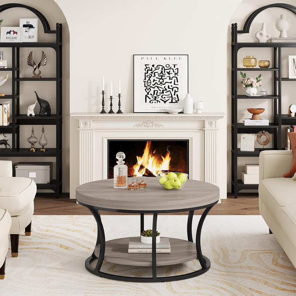 Round Coffee Table for Living Room, 2-Tier Circle Coffee Table with Storage, Accent Center Table Modern Design, Gray Brown and Black