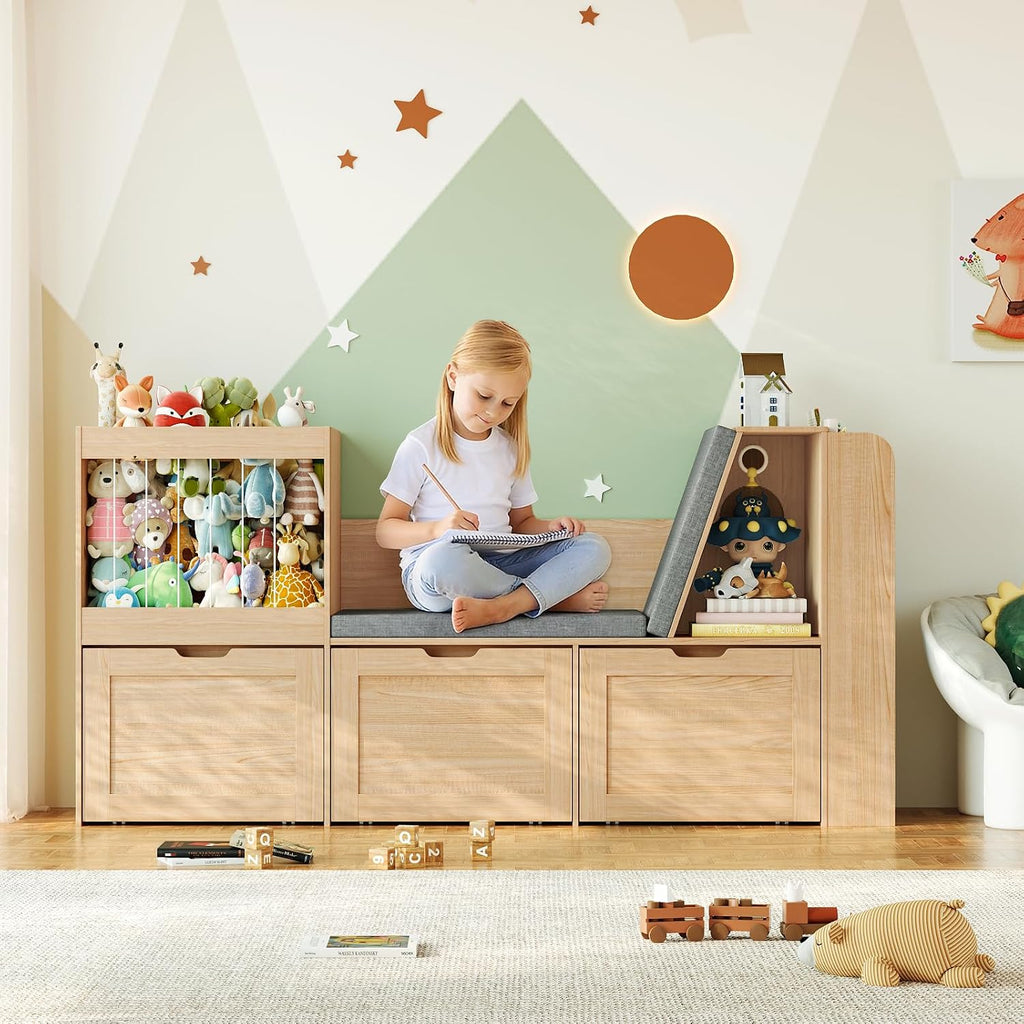 66.9' Kids Reading Nook, Toy Storage Organizer with Stuffed Animal Storage, Bench and Removable Cushions, Wooden Toddler Bookshelf with 3 Movable Drawers for Nursery, Playroom (Oak)