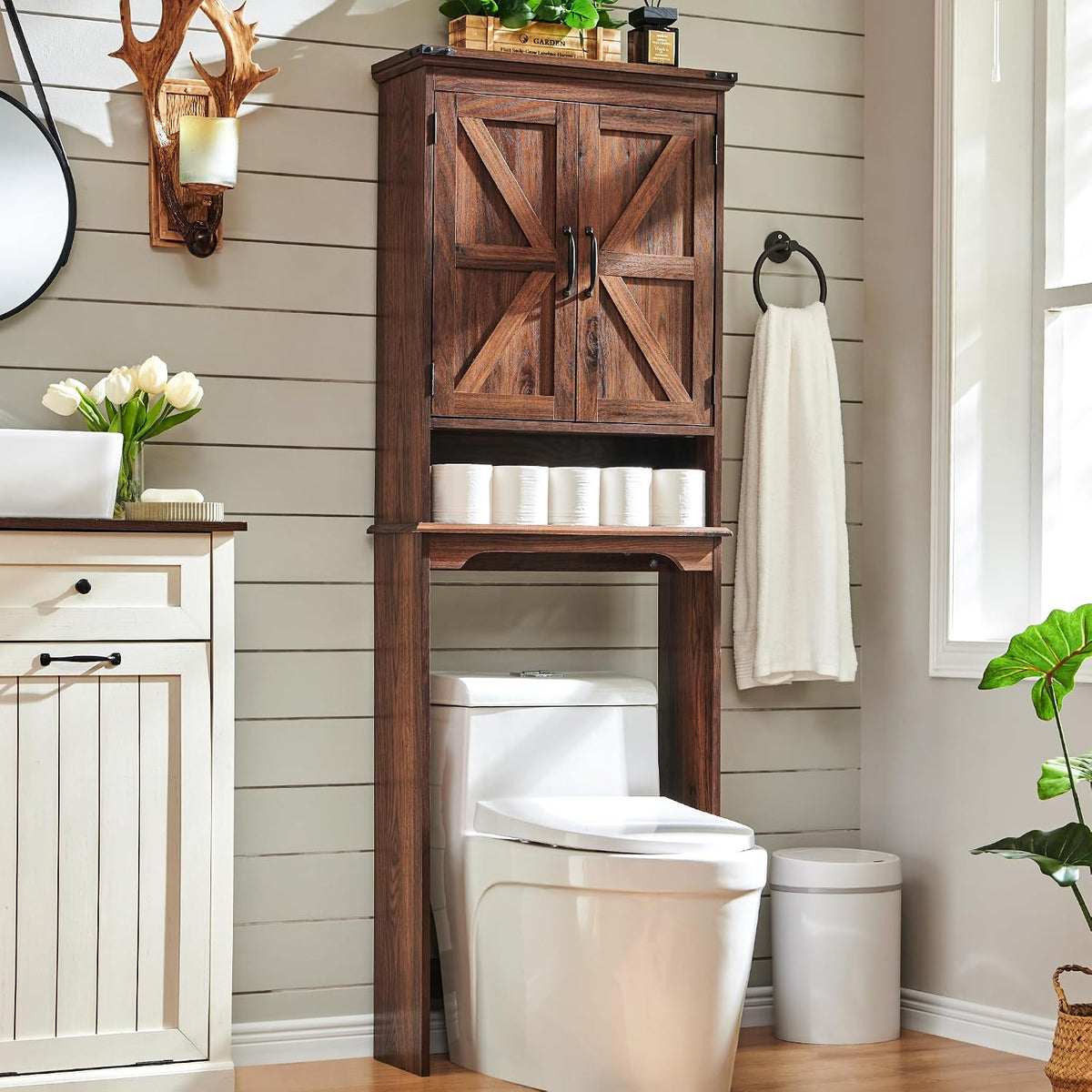 ACCOHOHO Over The Toilet Storage Cabinet, Farmhouse Bathroom Cabinet with Adjustable Shelf & Barn Door, 67' Tall Over The Toilet Shelf, Brown