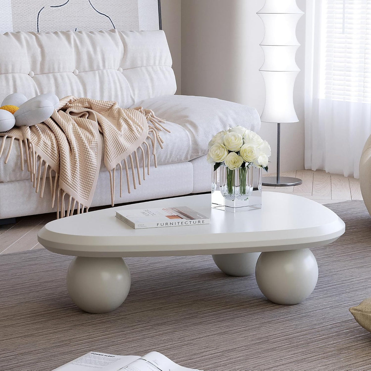 38.58'' Modern Coffee Table with Ball Base, Contemporary Oval Round Cloud Shaped Wood Coffee Table for Living Room, Easy Assembly, Cream White