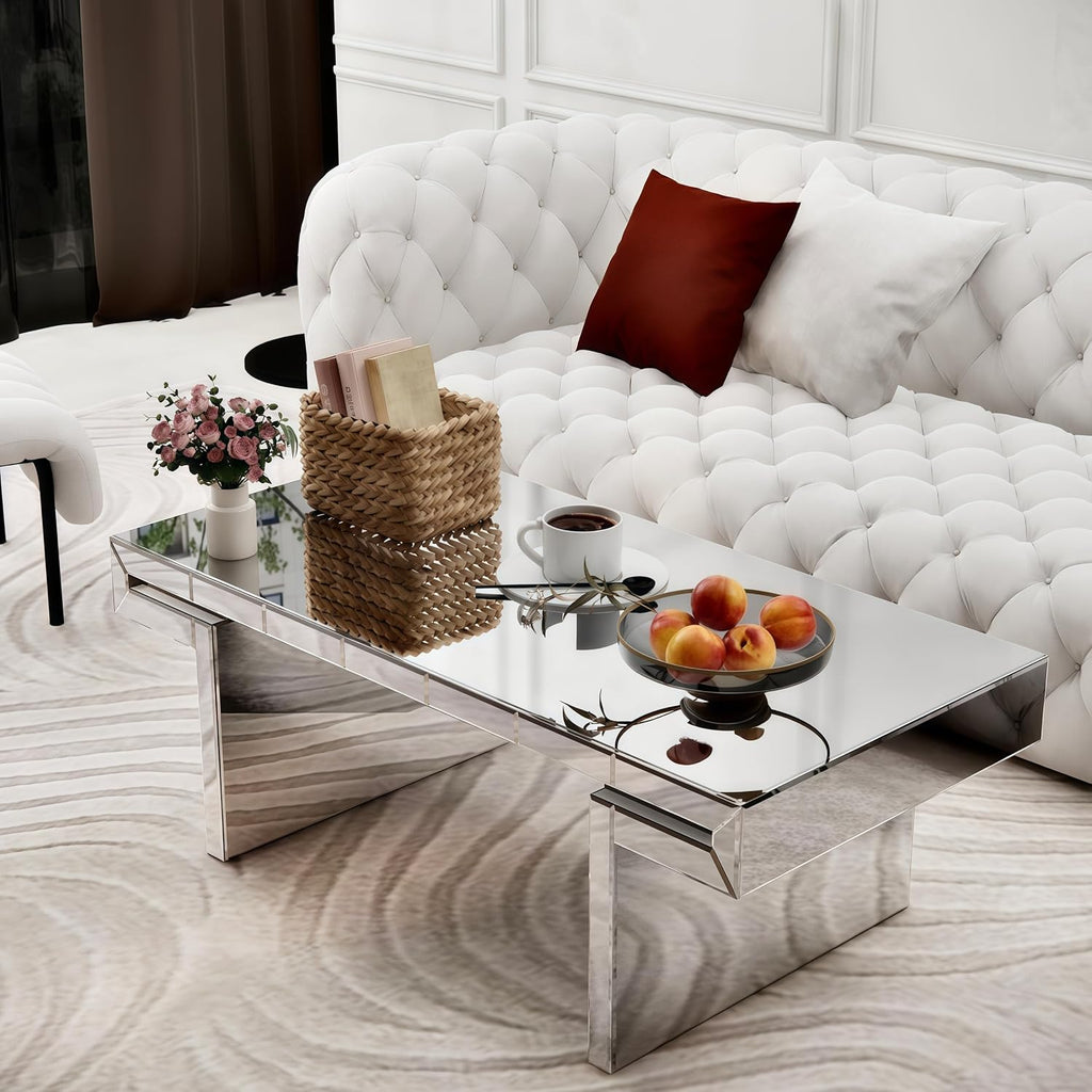 Modern Mirrored Coffee Table for Living Room Luxury Fluted Mirror Cocktail Center Table with Silver Finish 47' Rectangular Coffee Table for Home Office