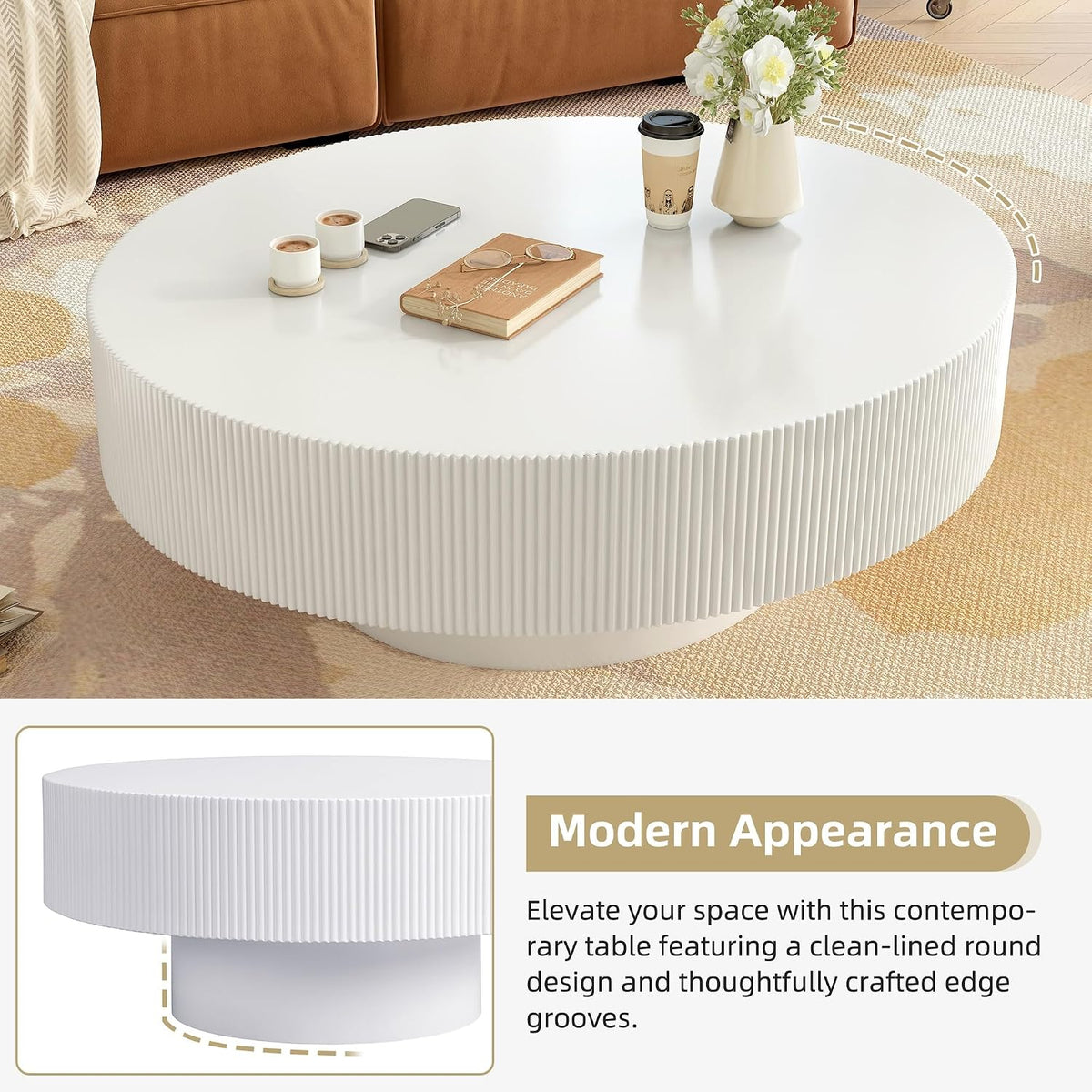 Round 31.5' Coffee Table with 6.8' Thick Tabletop,Modern Drum End Table,Minimalist Fluted Center Table with Sturdy Base for Living Room,Elegant Easy Assembly,White