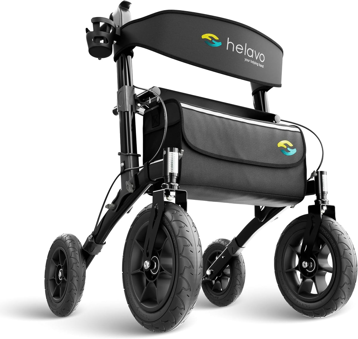 Helavo All Terrain Walker Rollator with 12' Pneumatic Tires – Foldable Outdoor Walkers for Seniors with Seat, Lightweight & Adjustable Height, Shock-Absorbing for Comfort on Any Surface