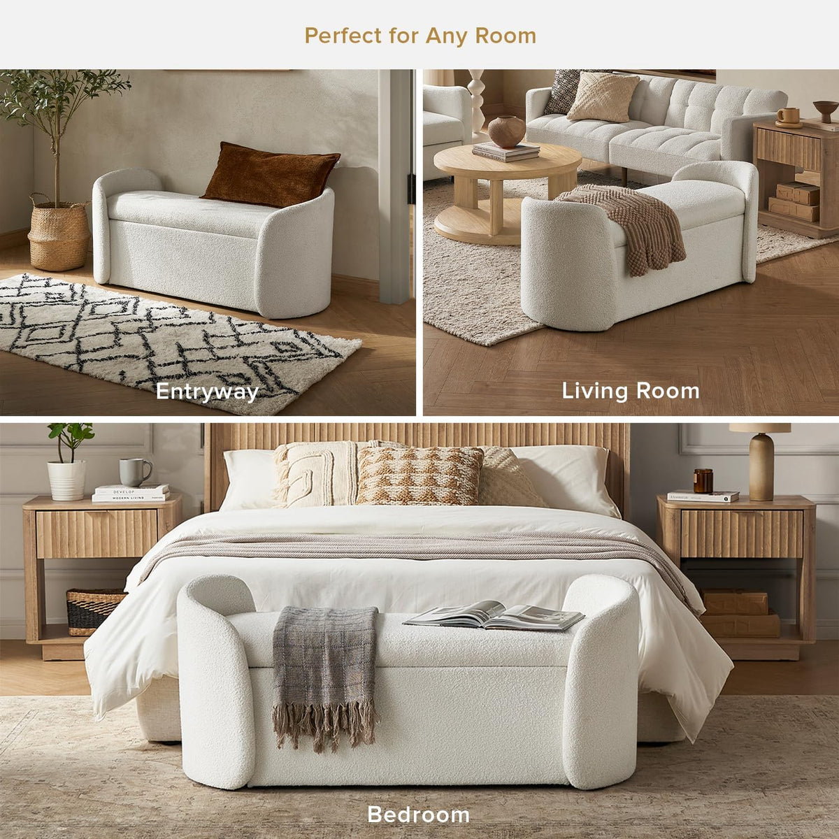 mopio Sophie 51' Ottoman Storage Bench, Entryway and Window Seating, End of Bed Curved Stool for King & Queen Bed, Storage Chest for Bedroom (Pearl White Boucle)