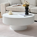 JUSTONE 31.5' Round Coffee Table, Farmhouse Wood Coffee Table for Living Room,Modern Drum End Table with Handcrafted Relief for Apartment,ø31.5'' x 13.7''H (White)