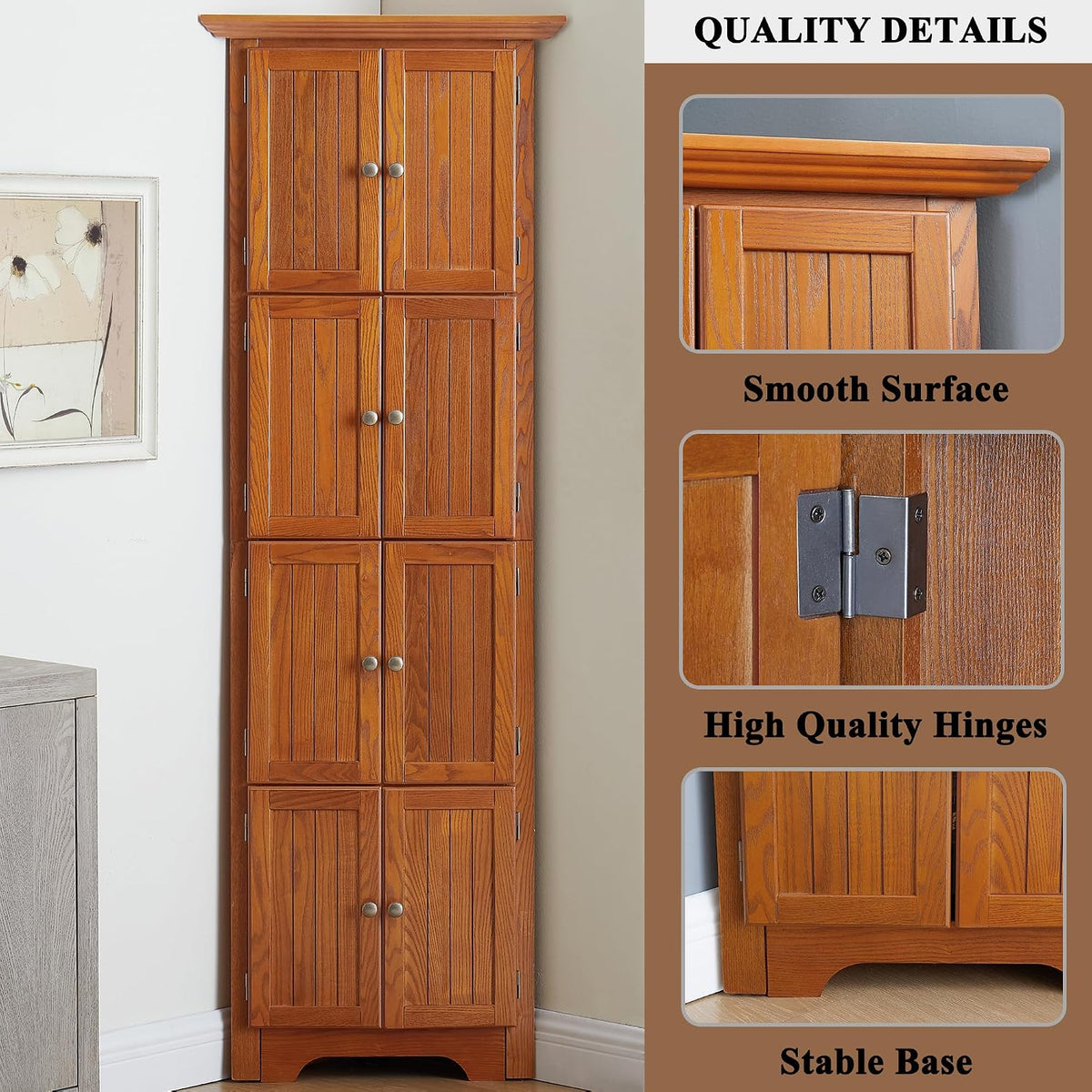 72' H Farmhouse Corner Storage Cabinet with 4 Shelves & 8 Doors, 4 Tier Kitchen Corner Pantry Cabinet Wooden Organizer Case Bookshelf, Home Space Saver Cabinet for Living Room,Kitchen